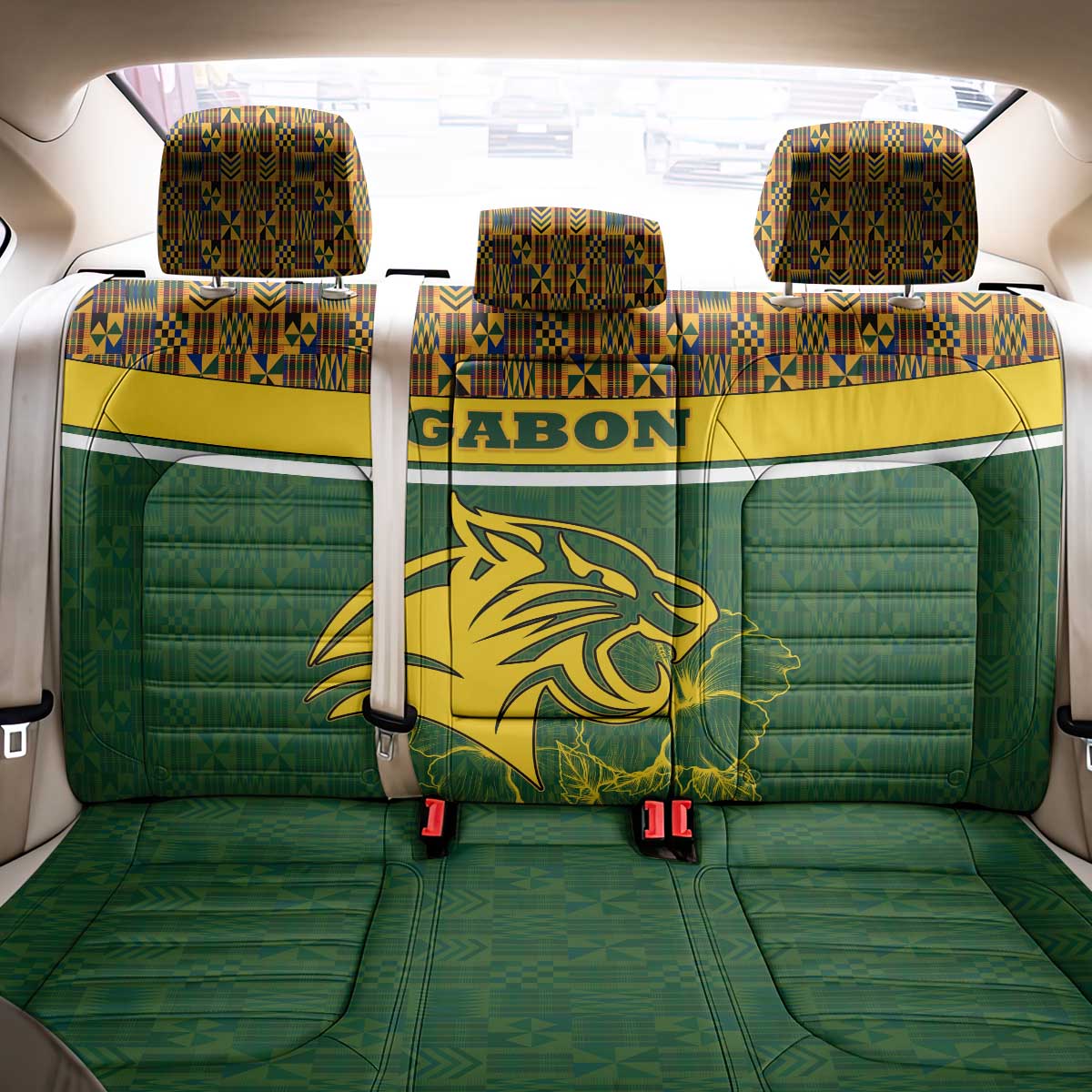 Gabon Back Car Seat Cover - Tribal Print and Fierce Panther Graphic in National Flag Colors