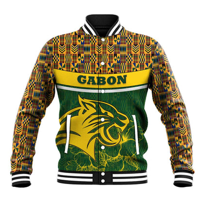 Gabon Baseball Jacket - Tribal Print and Fierce Panther Graphic in National Flag Colors