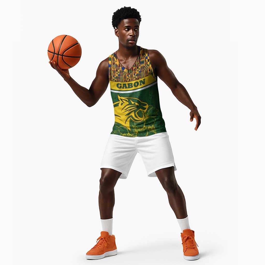 Gabon Basketball Jersey - Tribal Print and Fierce Panther Graphic in National Flag Colors - African Pride