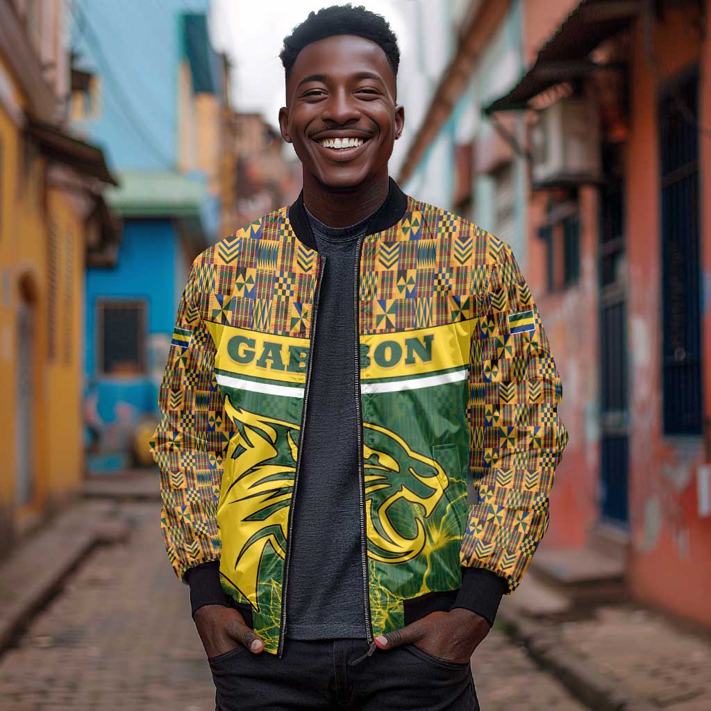 Gabon Bomber Jacket - Tribal Print and Fierce Panther Graphic in National Flag Colors