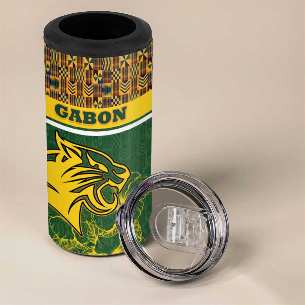 Gabon 4 in 1 Can Cooler Tumbler - Tribal Print and Fierce Panther Graphic in National Flag Colors