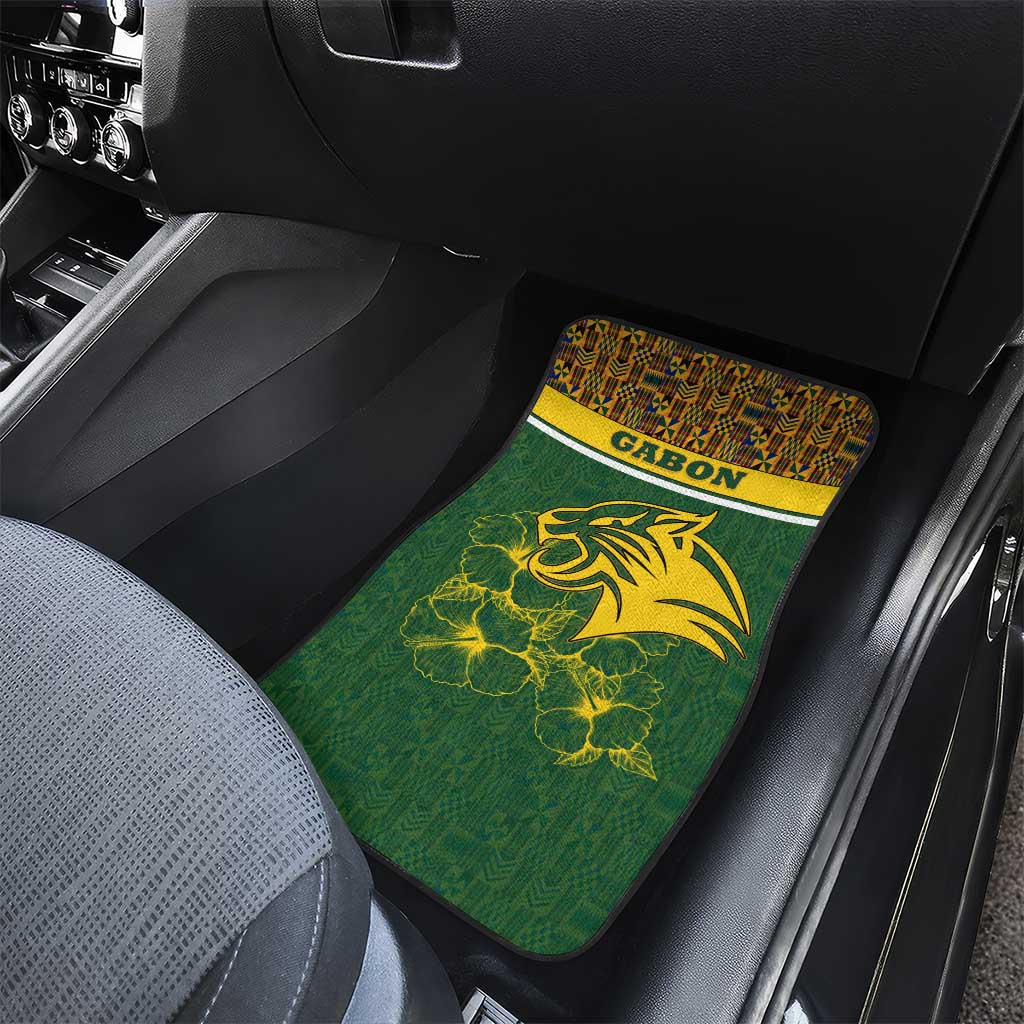 Gabon Car Mats - Tribal Print and Fierce Panther Graphic in National Flag Colors