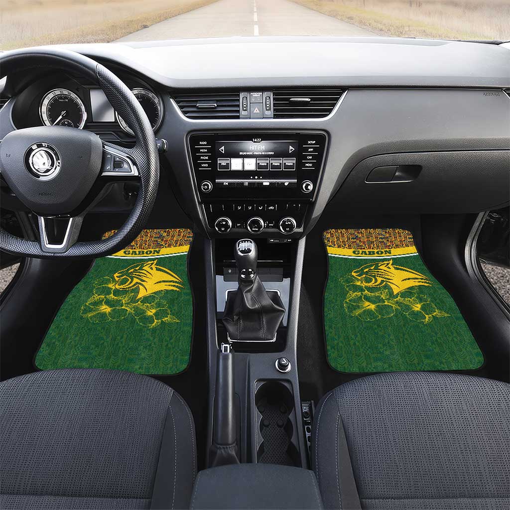 Gabon Car Mats - Tribal Print and Fierce Panther Graphic in National Flag Colors