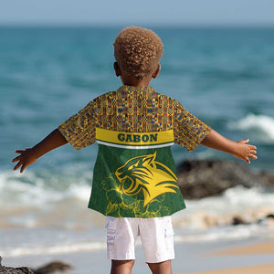 Gabon Kid Hawaiian Shirt - Tribal Print and Fierce Panther Graphic in National Flag Colors