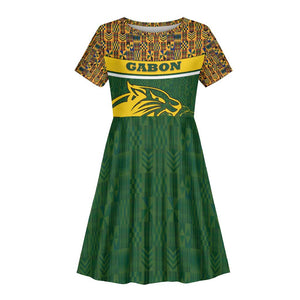 Gabon Kid Short Sleeve Dress - Tribal Print and Fierce Panther Graphic in National Flag Colors