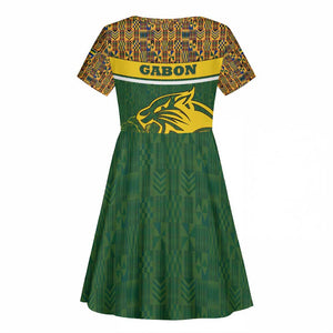 Gabon Kid Short Sleeve Dress - Tribal Print and Fierce Panther Graphic in National Flag Colors