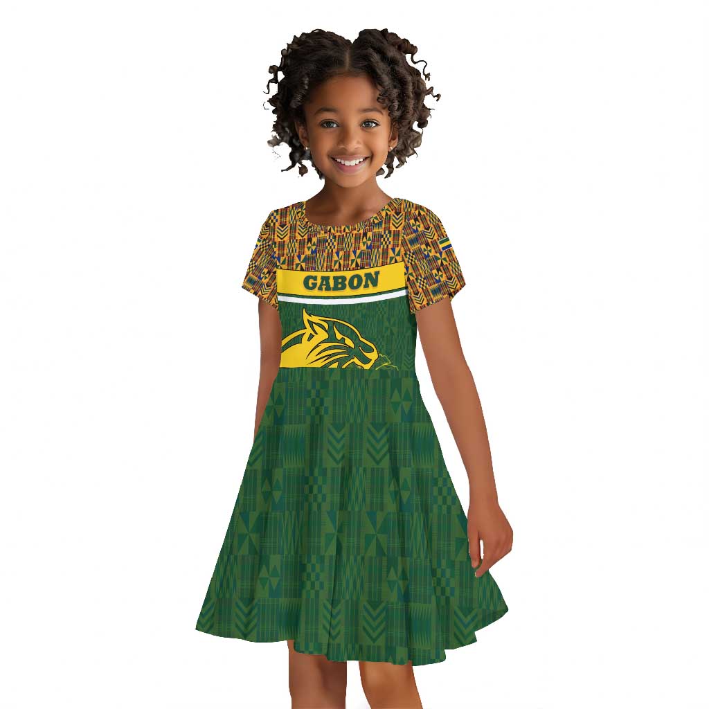 Gabon Kid Short Sleeve Dress - Tribal Print and Fierce Panther Graphic in National Flag Colors