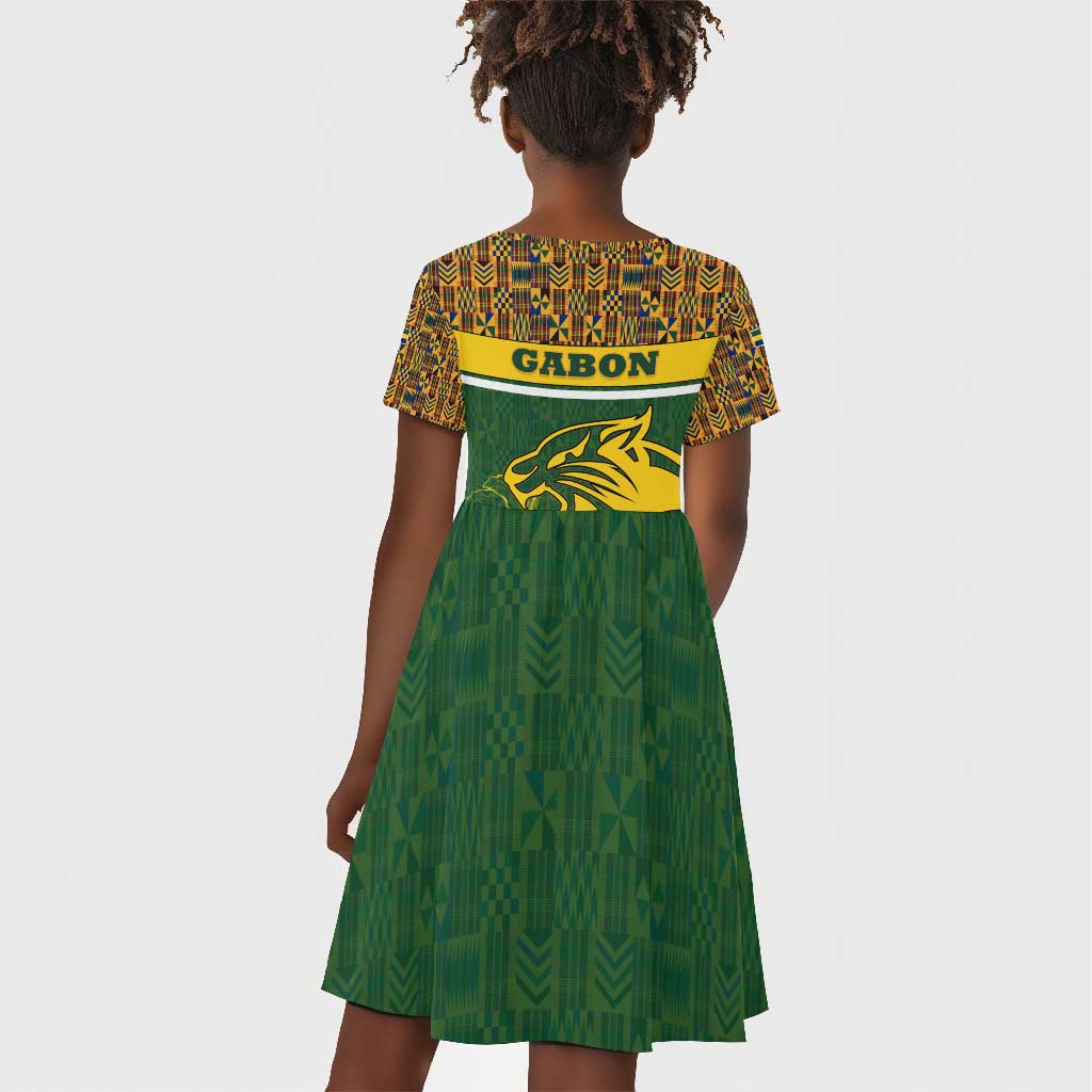Gabon Kid Short Sleeve Dress - Tribal Print and Fierce Panther Graphic in National Flag Colors