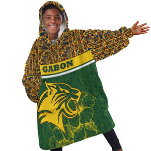 Gabon Kid Wearable Blanket Hoodie - Tribal Print and Fierce Panther Graphic in National Flag Colors