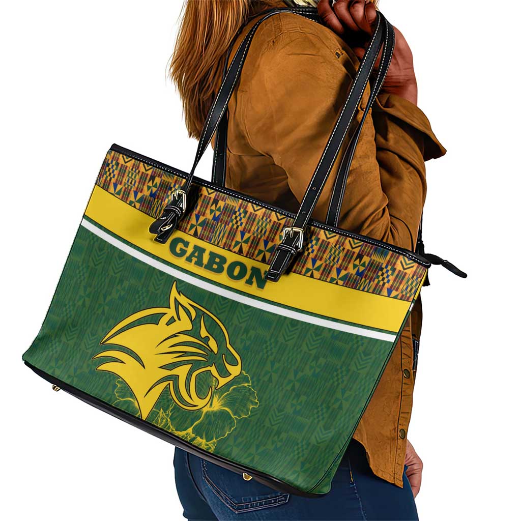 Gabon Leather Tote Bag - Tribal Print and Fierce Panther Graphic in National Flag Colors
