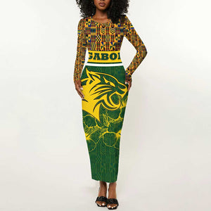 Gabon Long Sleeve Bodycon Dress - Tribal Print and Fierce Panther Graphic in National Flag Colors