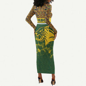 Gabon Long Sleeve Bodycon Dress - Tribal Print and Fierce Panther Graphic in National Flag Colors