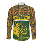 Gabon Long Sleeve Button Shirt - Tribal Print and Fierce Panther Graphic in National Flag Colors