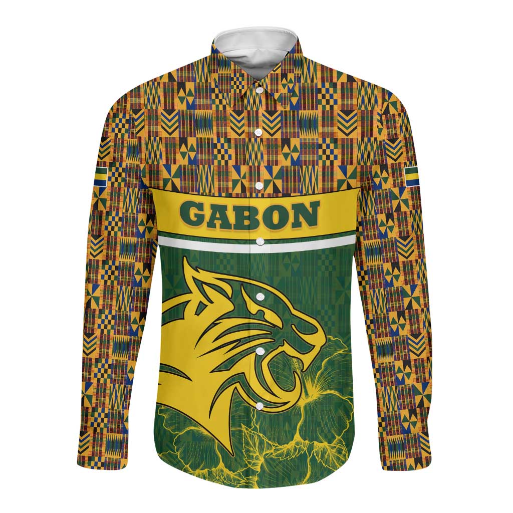 Gabon Long Sleeve Button Shirt - Tribal Print and Fierce Panther Graphic in National Flag Colors