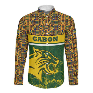 Gabon Long Sleeve Button Shirt - Tribal Print and Fierce Panther Graphic in National Flag Colors
