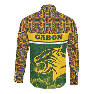 Gabon Long Sleeve Button Shirt - Tribal Print and Fierce Panther Graphic in National Flag Colors