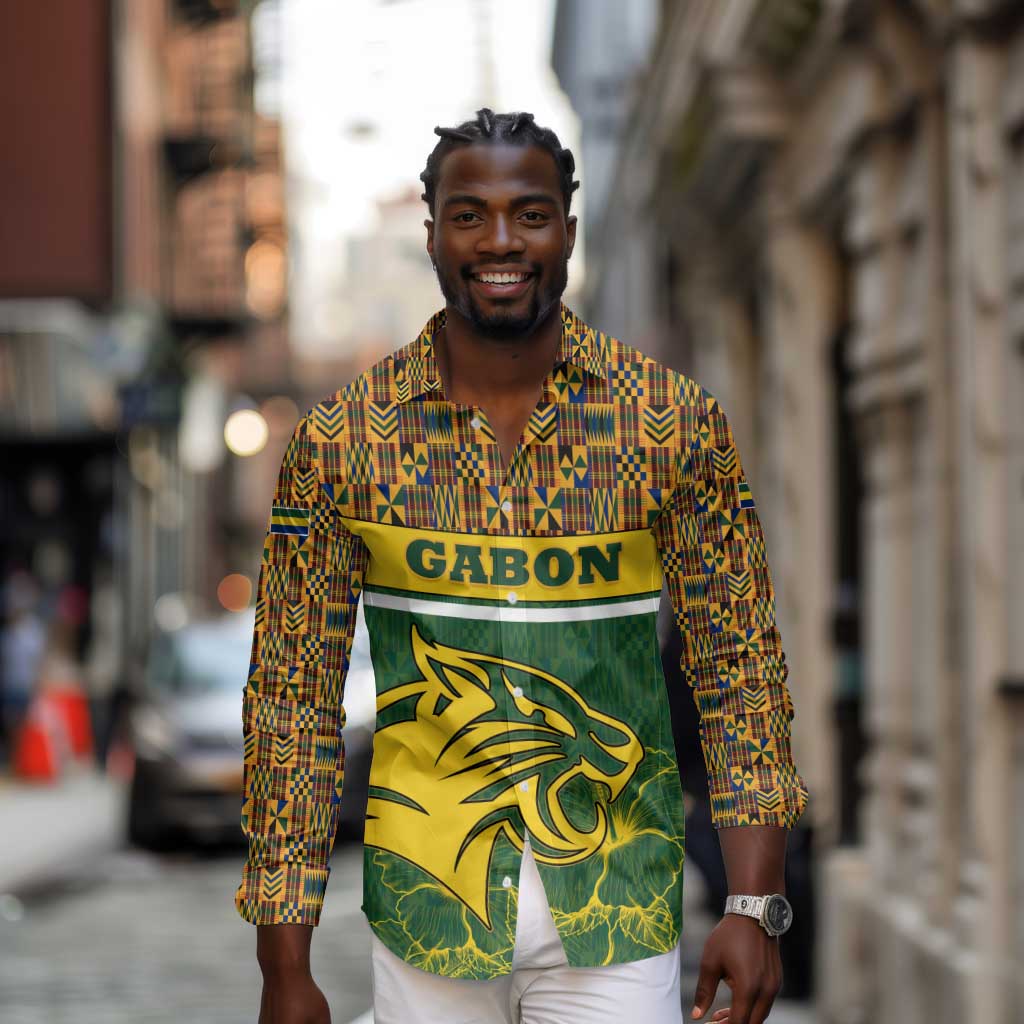 Gabon Long Sleeve Button Shirt - Tribal Print and Fierce Panther Graphic in National Flag Colors
