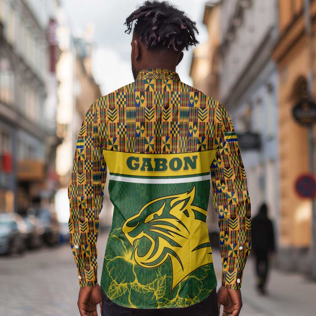 Gabon Long Sleeve Button Shirt - Tribal Print and Fierce Panther Graphic in National Flag Colors