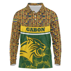 Gabon Long Sleeve Polo Shirt - Tribal Print and Fierce Panther Graphic in National Flag Colors