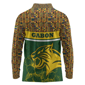 Gabon Long Sleeve Polo Shirt - Tribal Print and Fierce Panther Graphic in National Flag Colors