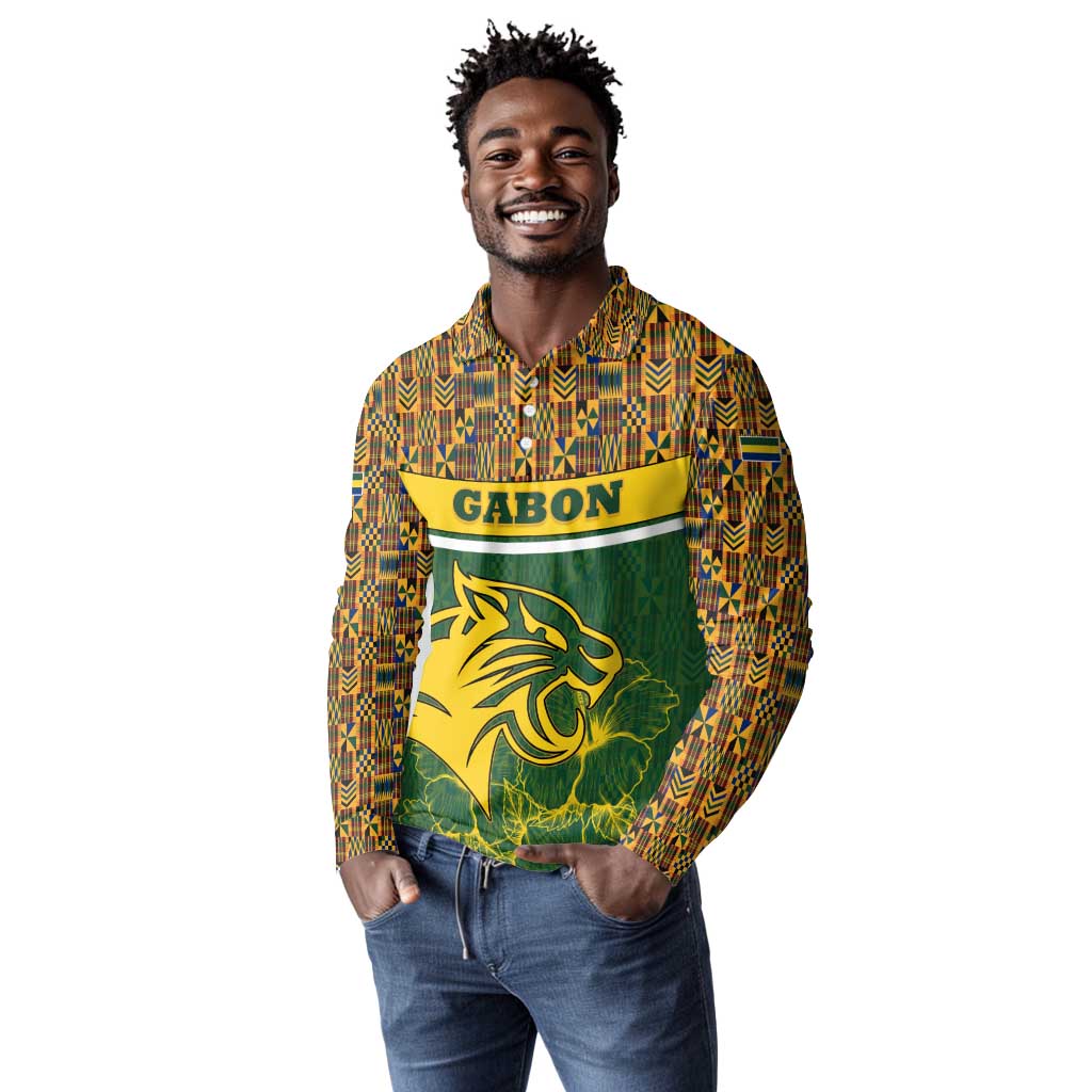Gabon Long Sleeve Polo Shirt - Tribal Print and Fierce Panther Graphic in National Flag Colors