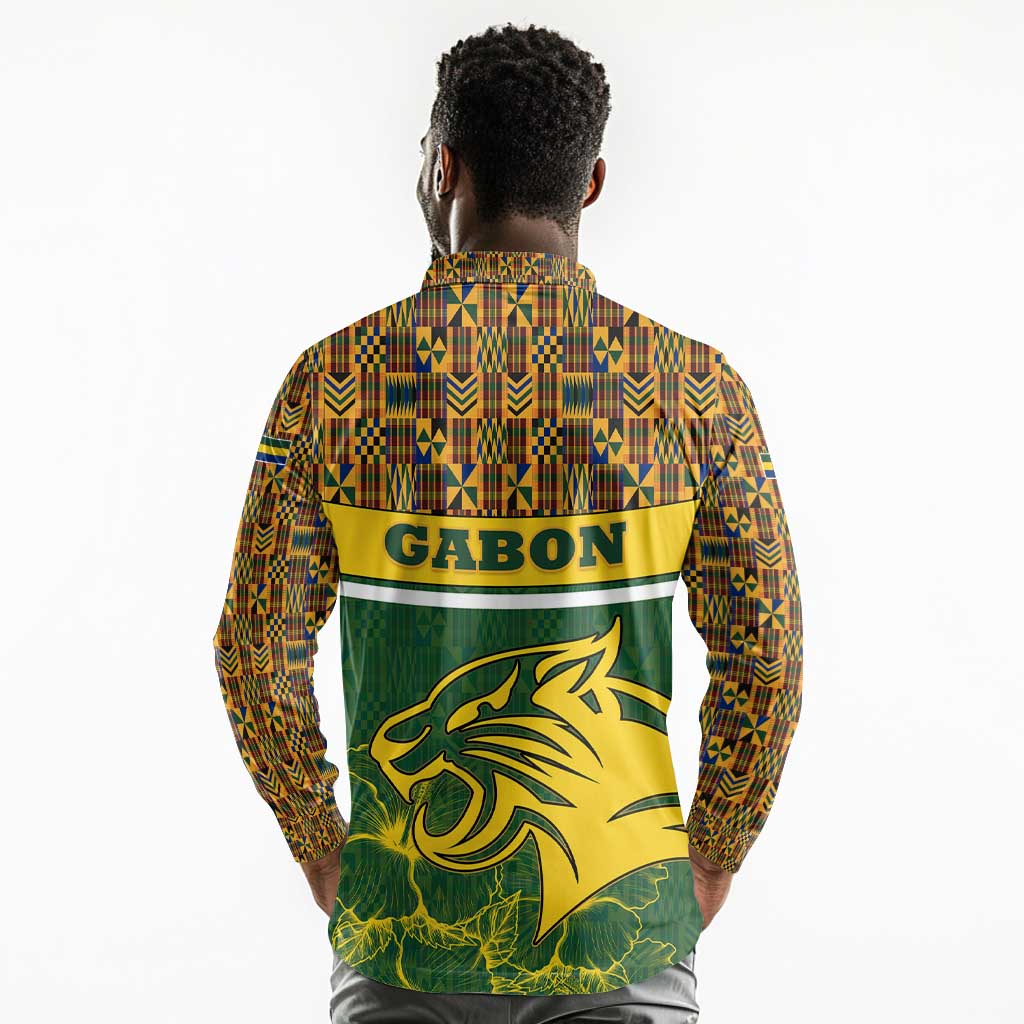 Gabon Long Sleeve Polo Shirt - Tribal Print and Fierce Panther Graphic in National Flag Colors