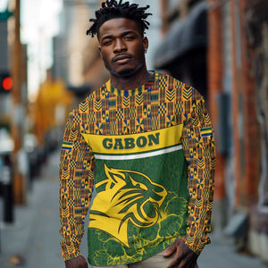 Gabon Long Sleeve Shirt - Tribal Print and Fierce Panther Graphic in National Flag Colors