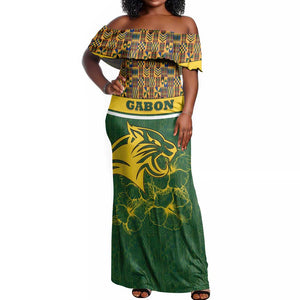 Gabon Off Shoulder Maxi Dress - Tribal Print and Fierce Panther Graphic in National Flag Colors