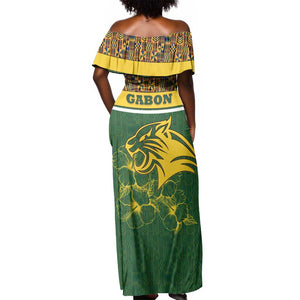 Gabon Off Shoulder Maxi Dress - Tribal Print and Fierce Panther Graphic in National Flag Colors