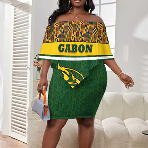 Gabon Off Shoulder Short Dress - Tribal Print and Fierce Panther Graphic in National Flag Colors