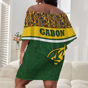 Gabon Off Shoulder Short Dress - Tribal Print and Fierce Panther Graphic in National Flag Colors