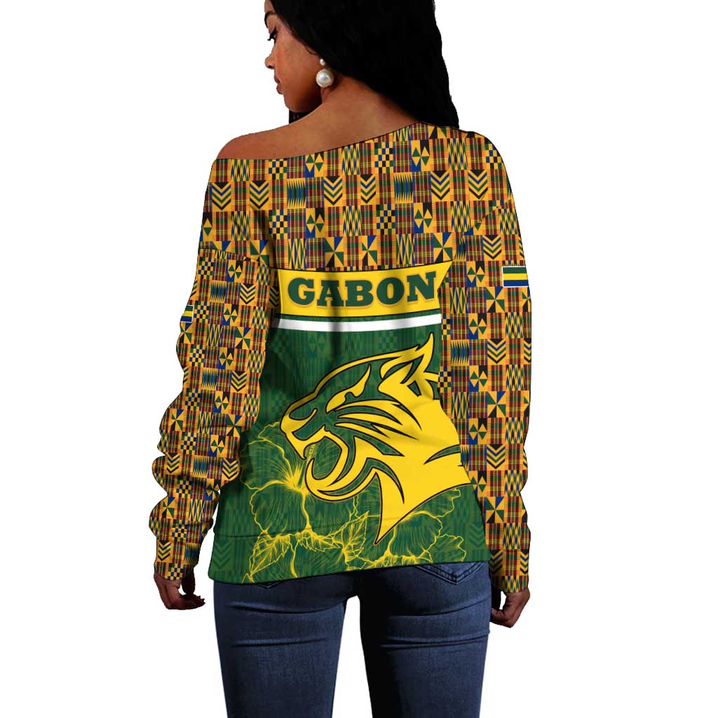 Gabon Off Shoulder Sweater - Tribal Print and Fierce Panther Graphic in National Flag Colors