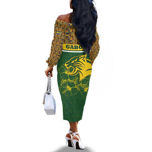 Gabon Off The Shoulder Long Sleeve Dress - Tribal Print and Fierce Panther Graphic in National Flag Colors