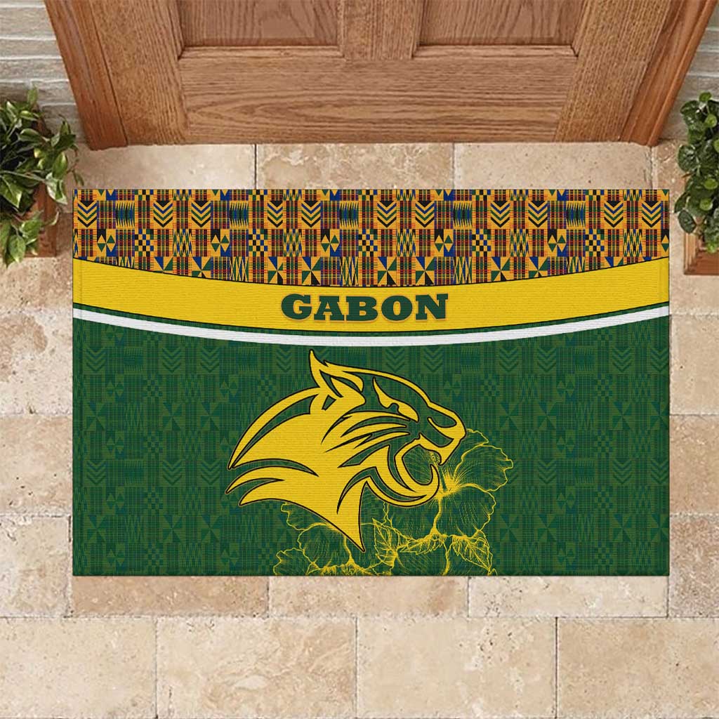 Gabon Rubber Doormat - Tribal Print and Fierce Panther Graphic in National Flag Colors