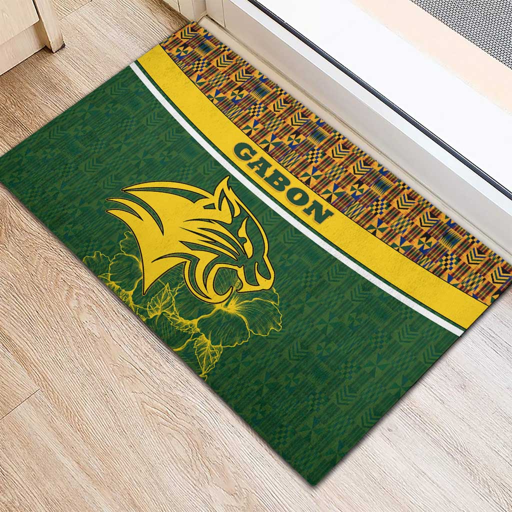 Gabon Rubber Doormat - Tribal Print and Fierce Panther Graphic in National Flag Colors