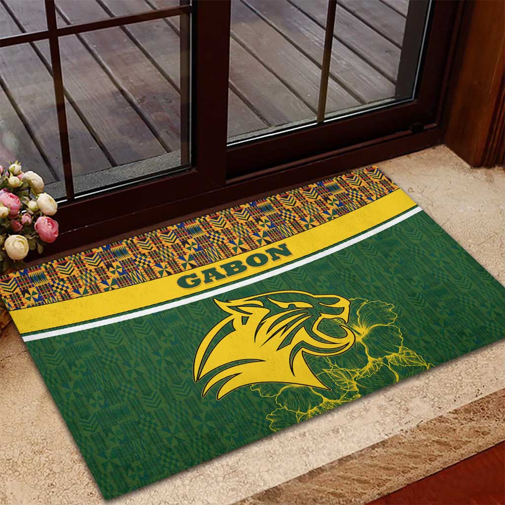 Gabon Rubber Doormat - Tribal Print and Fierce Panther Graphic in National Flag Colors