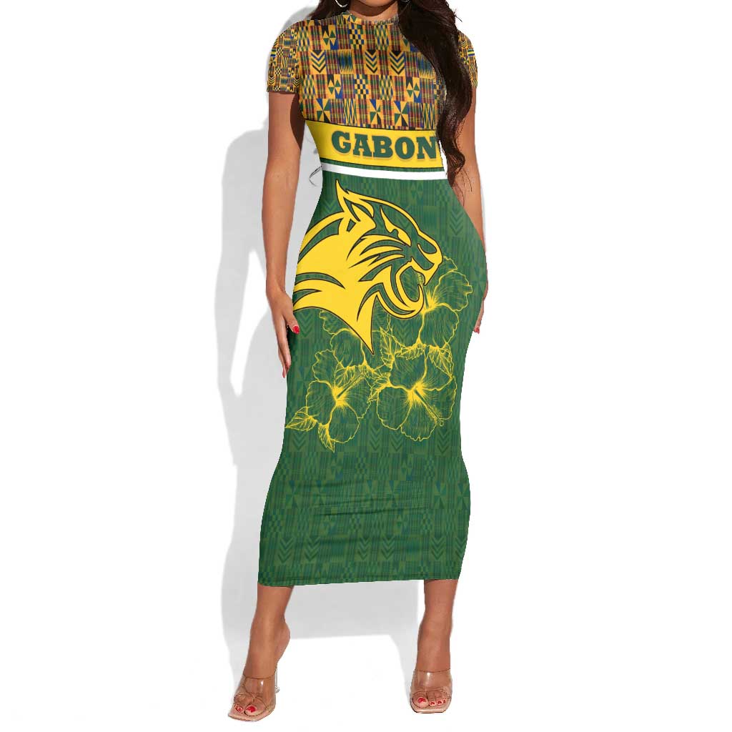 Gabon Short Sleeve Bodycon Dress - Tribal Print and Fierce Panther Graphic in National Flag Colors