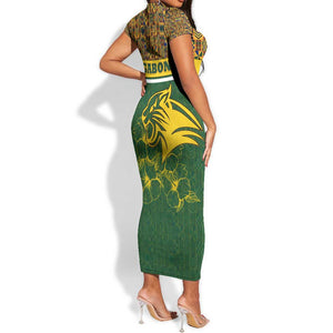 Gabon Short Sleeve Bodycon Dress - Tribal Print and Fierce Panther Graphic in National Flag Colors