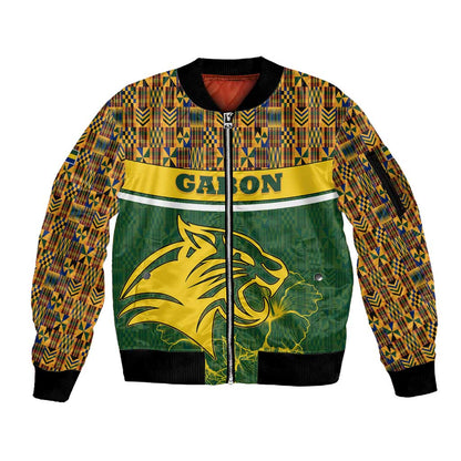 Gabon Sleeve Zip Bomber Jacket - Tribal Print and Fierce Panther Graphic in National Flag Colors