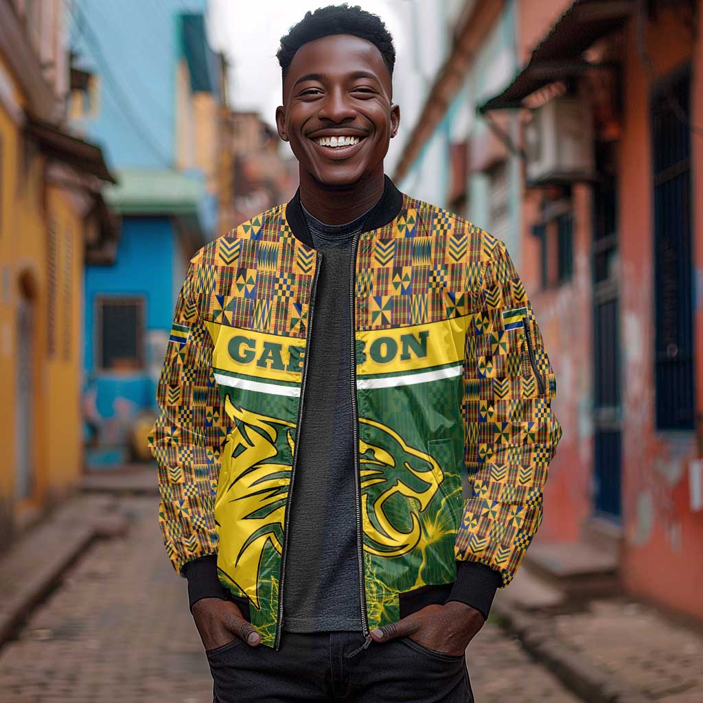 Gabon Sleeve Zip Bomber Jacket - Tribal Print and Fierce Panther Graphic in National Flag Colors