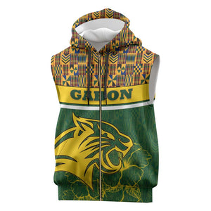 Gabon Sleeveless Zip Hoodie - Tribal Print and Fierce Panther Graphic in National Flag Colors - African Pride