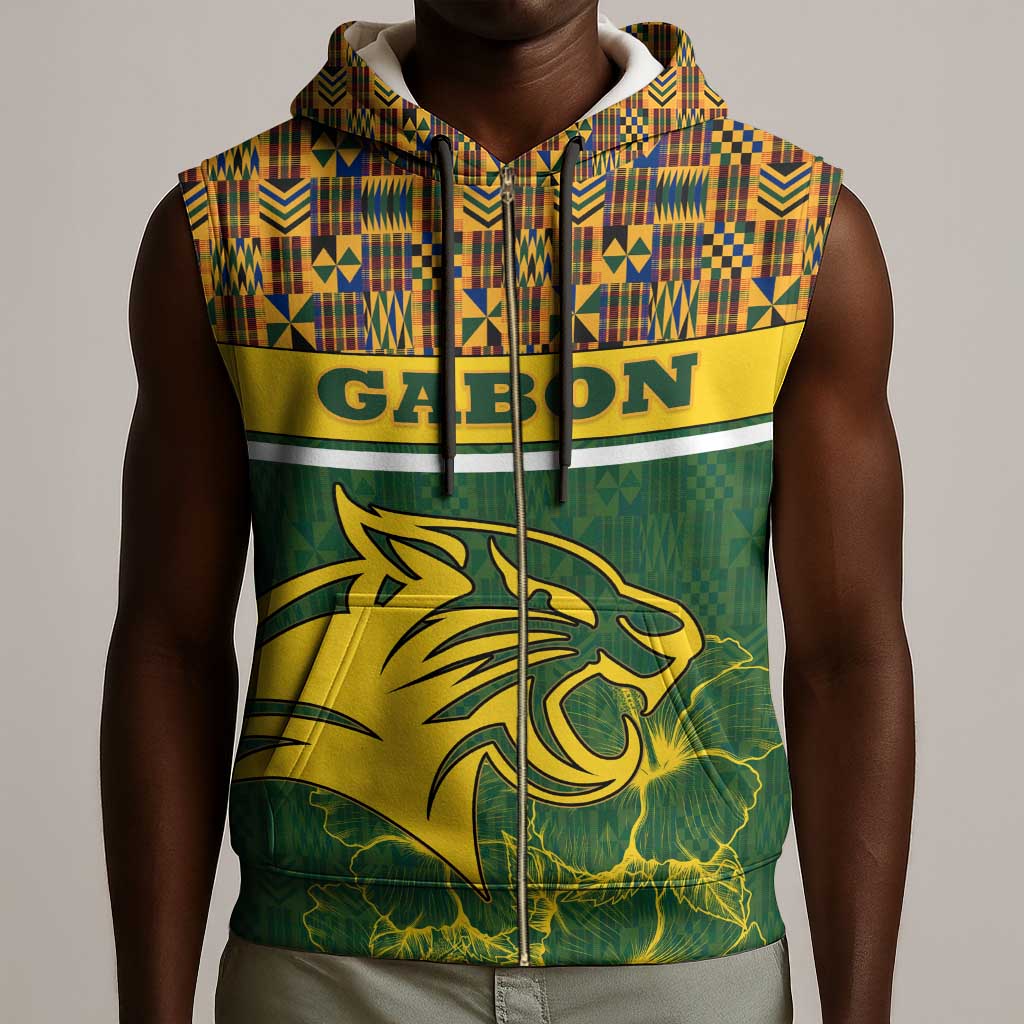 Gabon Sleeveless Zip Hoodie - Tribal Print and Fierce Panther Graphic in National Flag Colors - African Pride