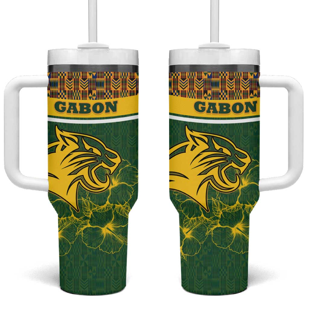 Gabon Tumbler With Handle - Tribal Print and Fierce Panther Graphic in National Flag Colors