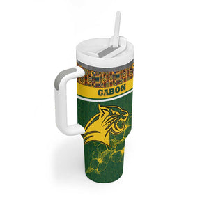 Gabon Tumbler With Handle - Tribal Print and Fierce Panther Graphic in National Flag Colors