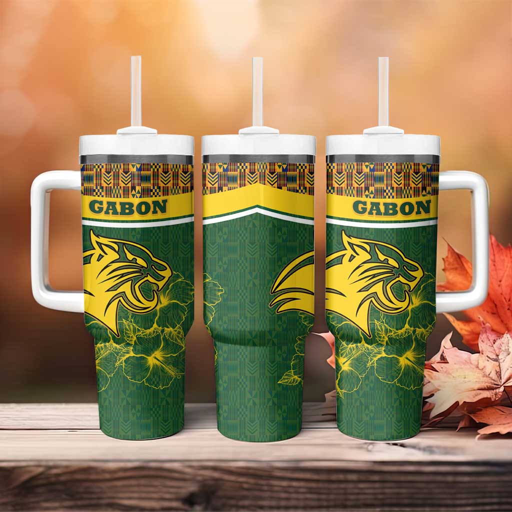 Gabon Tumbler With Handle - Tribal Print and Fierce Panther Graphic in National Flag Colors