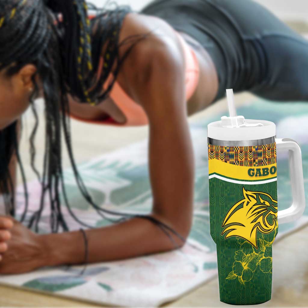 Gabon Tumbler With Handle - Tribal Print and Fierce Panther Graphic in National Flag Colors