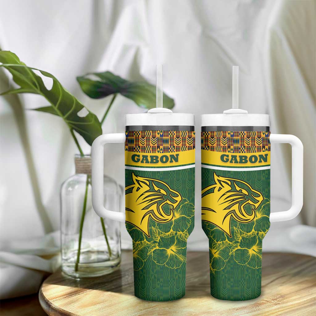 Gabon Tumbler With Handle - Tribal Print and Fierce Panther Graphic in National Flag Colors