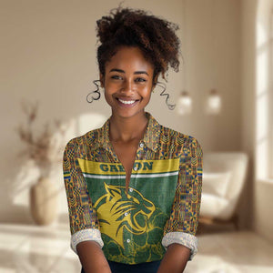 Gabon Women Casual Shirt - Tribal Print and Fierce Panther Graphic in National Flag Colors