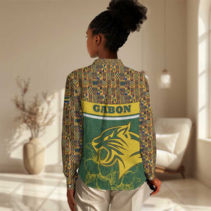 Gabon Women Casual Shirt - Tribal Print and Fierce Panther Graphic in National Flag Colors