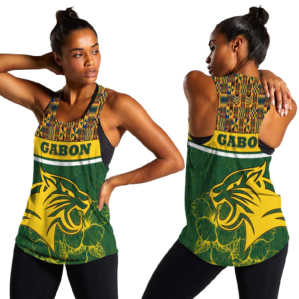 Gabon Women Racerback Tank - Tribal Print and Fierce Panther Graphic in National Flag Colors